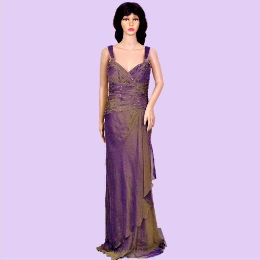 Mon Cheri Iridescent Beaded 100% Silk Maxi Dress Floor-length Color Shift